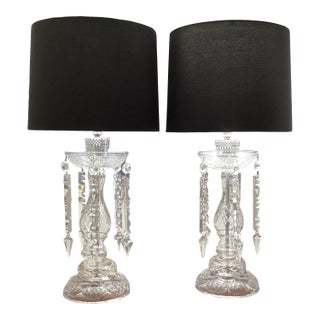 Vintage Pair of Large Crystal Lamps With Silk Drum Shades - Newly Rewired For Sale