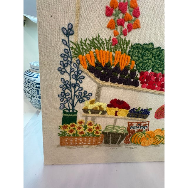 Vintage Nancy Meyers Style Crewel Embroidered Farmers Garden Market Still Life Wall Art For Sale - Image 12 of 14