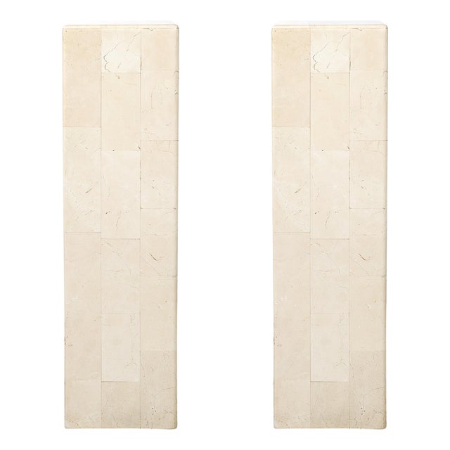 Pair of Mid-Century Modernist Tessellated Travertine Pedestals For Sale
