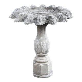 Vintage Concrete Flower Petal Birdbath on Fluted Pedestal For Sale