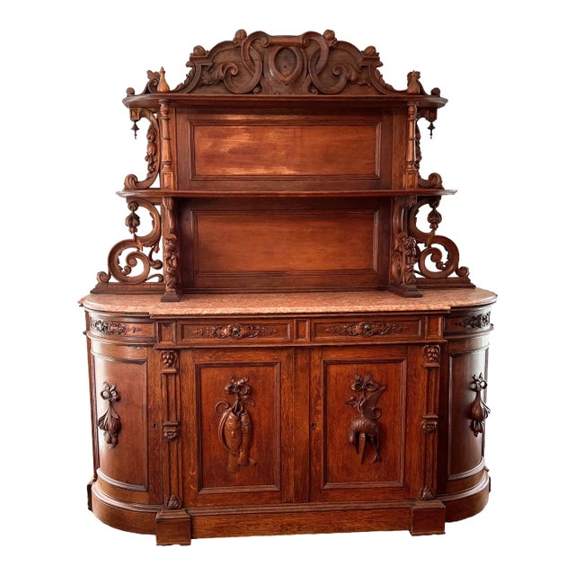 Early 20th Century Victorian Carved Oak Sideboard Buffet Cabinet With Marble Top For Sale