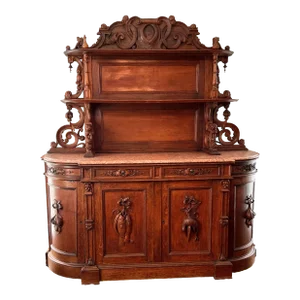 Early 20th Century Victorian Carved Oak Sideboard Buffet Cabinet With Marble Top