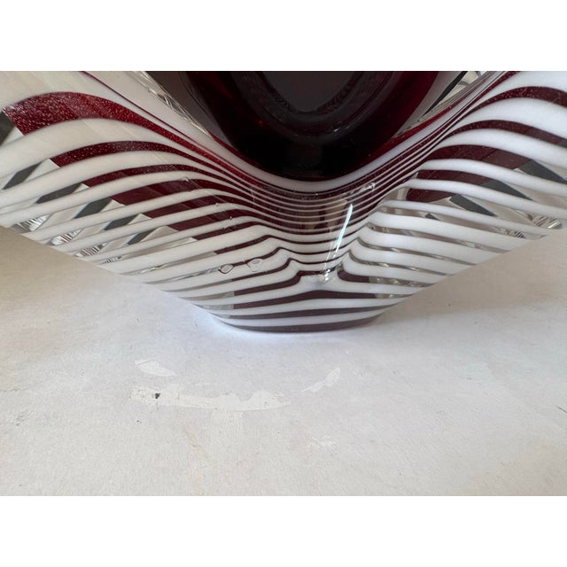 Late 20th Century Signed Mark Wagan Studio Art Glass Sculpture Ruby Red Orb Latticino Centerpiece For Sale - Image 9 of 12