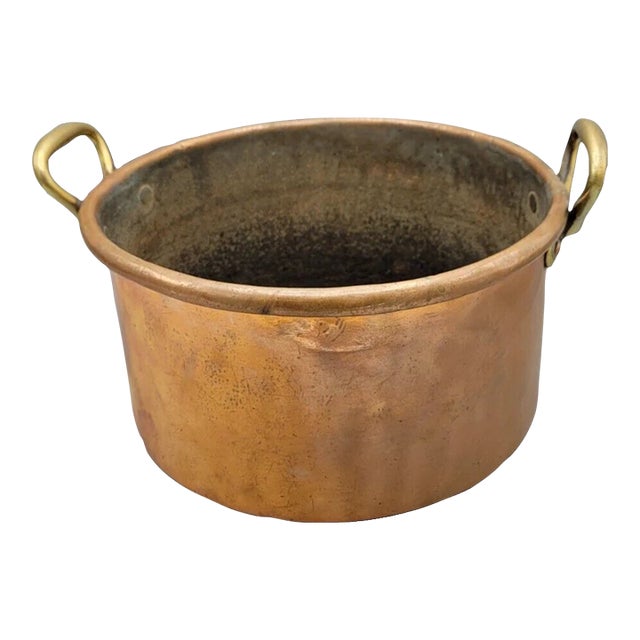 Antique Hand-Wrought Copper Stock Pot W/ Brass Handles — French, C. 1900 For Sale