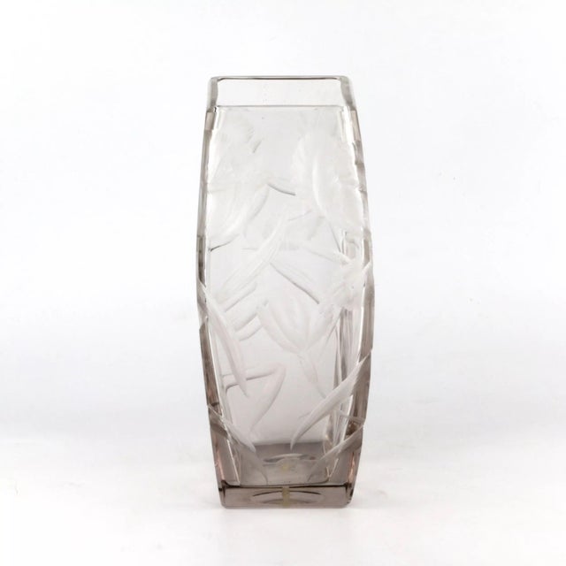 Large, heavy, crystal vase with luxurious irises, late Art Nouveau era. It perfectly combines the clarity and laconicism...