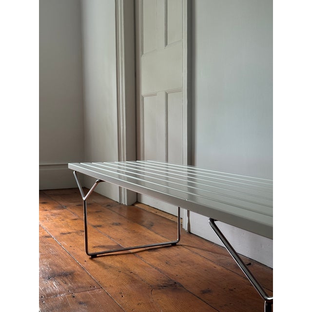 Bertoia Bench by Knoll, White Painted Wood Slat Top, Chrome Base For Sale In New York - Image 6 of 8
