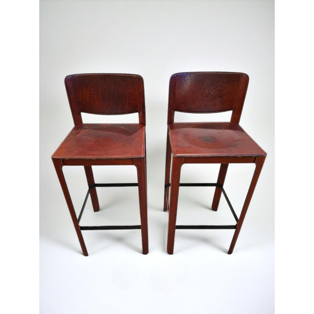 1980s Matteo Grassi Leather Bar Stools- a Pair For Sale - Image 10 of 12