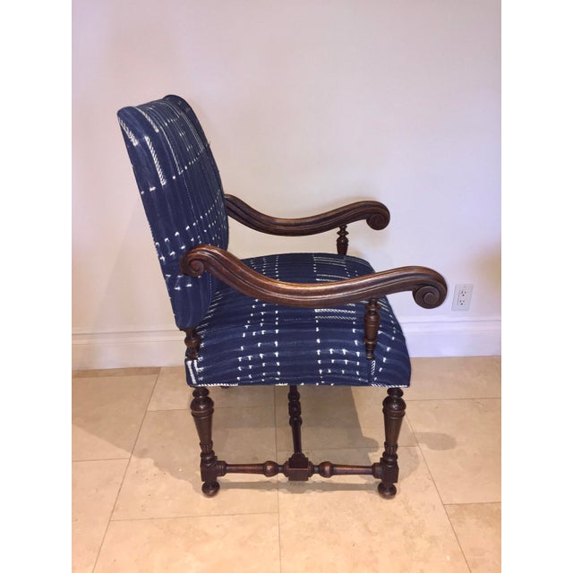 Antique JacobeanStyle Mahogany Armchair With Mali Indigo Textile