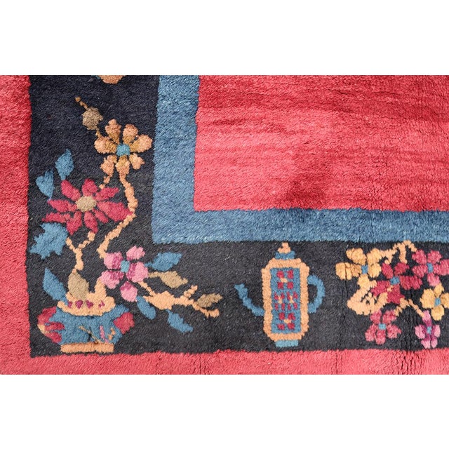 3'x7' Vintage Chinese Art Deco Rug | Red Wine & Navy Short Runner Rug For Sale - Image 9 of 10