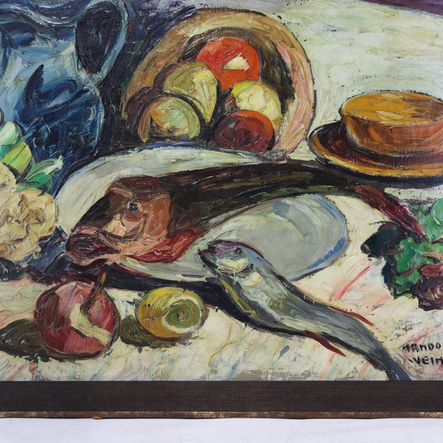 Textile Nandor Vagh Weinmann Original Still Life Oil Painting - Fish, Fruit, and Blue Jug For Sale - Image 7 of 14