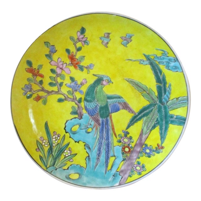 Antique Yellow Hand Painted Japanese Porcelain Dogwood Bird of Paradise Plate For Sale