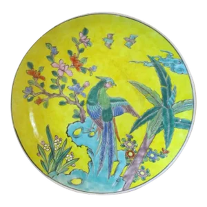 Antique Yellow Hand Painted Japanese Porcelain Dogwood Bird of Paradise Plate