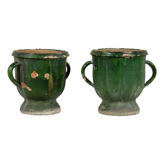 Pair of Mid 20th Century French Green Glazed Terra Cotta Round Urns For Sale