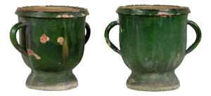 Pair of Mid 20th Century French Green Glazed Terra Cotta Round Urns