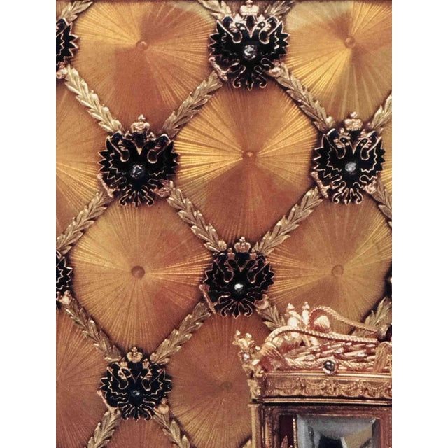 Vintage Faberge art poster. Brass finish frame, wired and ready to hang. * A jeweled coach and the Coronation Egg which...