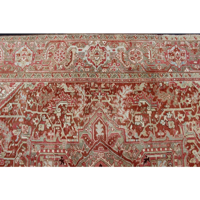 Taupe Gray Green, Taupe Border, Soft Red Heriz With Geometric Medallion 11'6 X 14'5 For Sale - Image 8 of 16