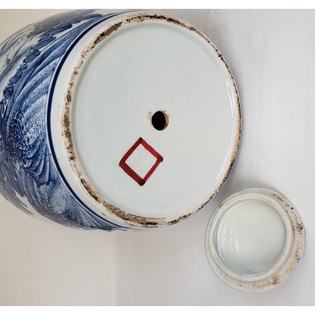 Vintage Chinese Blue & White Porcelain Ginger Jar With Birds & Bamboo, Wood Stand For Sale - Image 9 of 10
