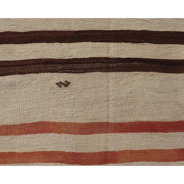 Mid 20th Century Vintage Turkish Kilim Runner With Stripes in Cream Brown & Soft Coral Color For Sale - Image 4 of 11