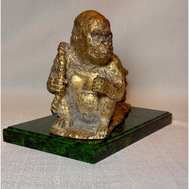 Mid 20th Century Mid-Century James Mont Style Bespoke Hand Gilt & Faux Malachite "Monkey Business" Art Sculpture / Business Card Holder - Newly Painted For Sale - Image 5 of 12