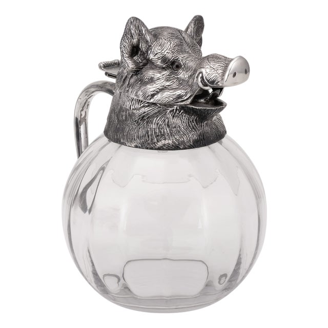 Vintage Glass Jug with Silver-Plated Boar Head from Valenti, 1970s For Sale
