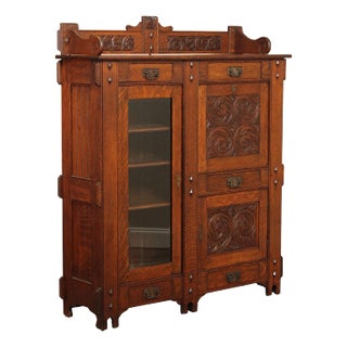 Antique Arts And Crafts Period Carved Oak Secretary Desk Bookcase For Sale