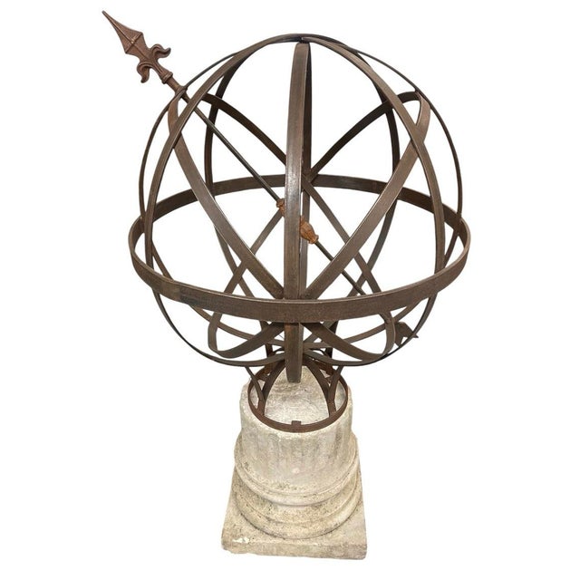 Metal Vintage Wrought Iron Armillary Sphere on Cast Stone Pedestal For Sale - Image 7 of 12