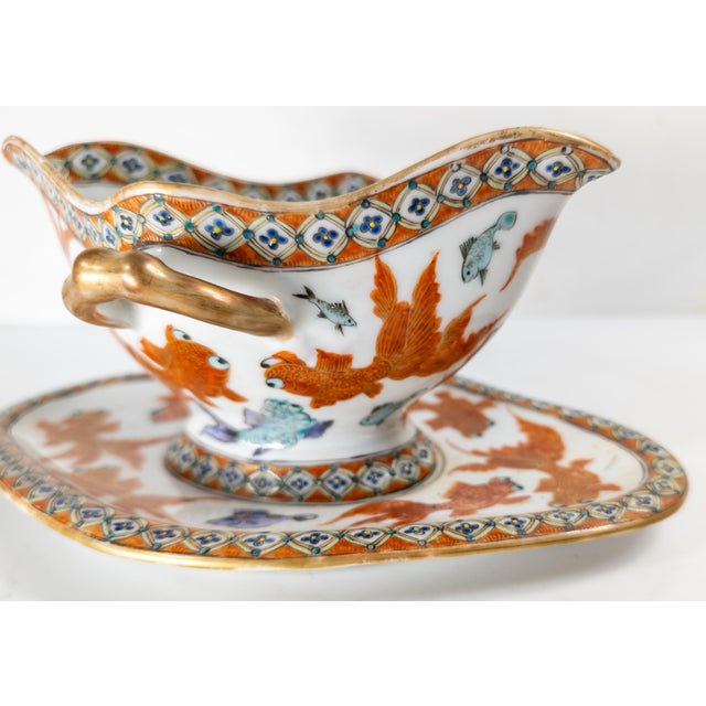 Ceramic 20th Century Chinese or Japanese Export Gravy Boat With Carp or Goldfish For Sale - Image 7 of 15