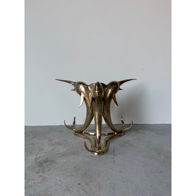 Hollywood Regency Vintage Solid Brass Marlin Fish Coffee Table With Glass Top For Sale - Image 3 of 18