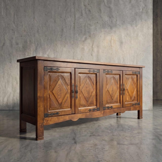 Vintage French Oak Brutalist Sideboard With Iron Hardware, 1970s For Sale - Image 4 of 12