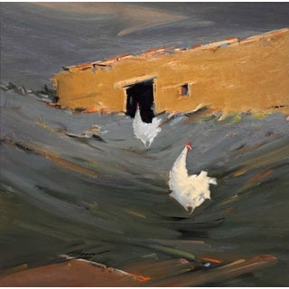Long, Long Way From Home by Jann T. Bass | Oil Painting of two white chickens near a barn For Sale