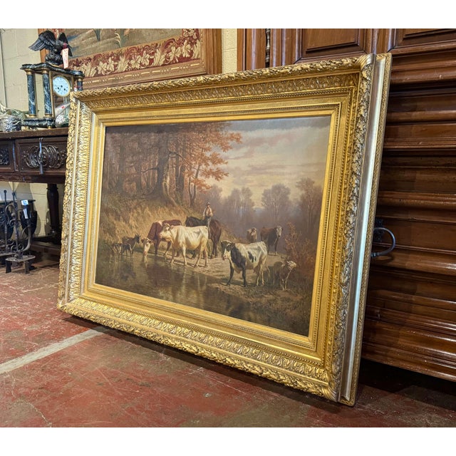Decorate a den, study, or office with this impressive antique Swiss pastoral painting. Crafted circa 1875 and set in its...