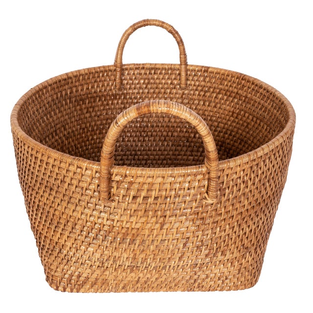 2020s Saboga Home Round Basket with Hoop Handles in Honey Brown - 16.5" For Sale - Image 5 of 9