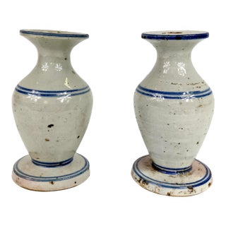 Pair of 18th Century Blue and White Ceramic Candle Holder For Sale