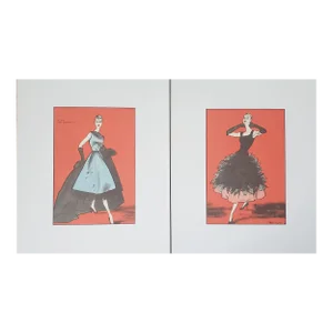 1955 Mid-Century Matted French Evening Wear Fashion Prints-Balenciaga-Set of 2