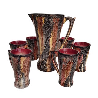 Dinosaur-Shaped Jug with Cups in Art Deco Shape and Colours, 1940s, Set of 7 For Sale