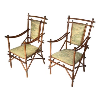 Art Deco Italian Armchairs in Fabric and Bamboo, 1930s, Set of 2 For Sale