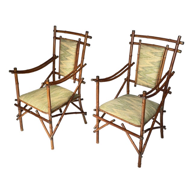 Art Deco Italian Armchairs in Fabric and Bamboo, 1930s, Set of 2 For Sale