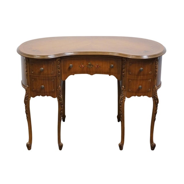 French Provincial Vintage Antique Solid Walnut Louis XV French Provincial 42" Kidney Vanity Table W. Hand Painted Floral Accents For Sale - Image 3 of 13