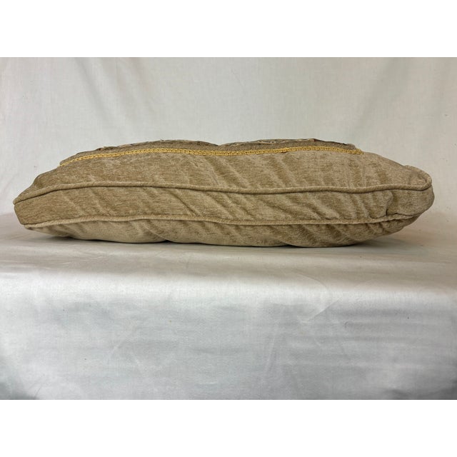 1980s 1980s Custom Taupe Colored Chenille Pillow in Olive Silk Insert With Blue Flowered Panel + Gold Cording For Sale - Image 5 of 8