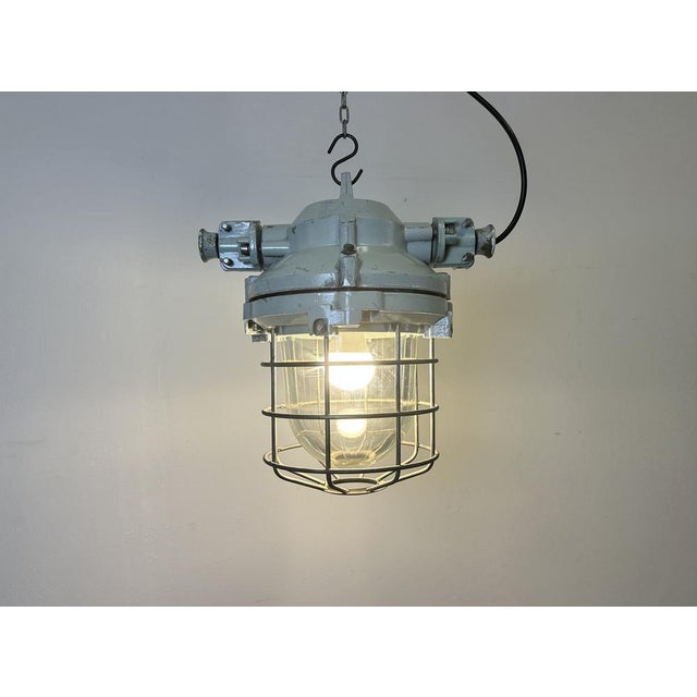 Industrial Grey Bunker Ceiling Light with Iron Cage from Elektrosvit, 1970s For Sale - Image 14 of 16