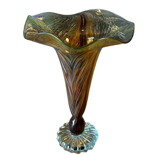 Glass Signed Art Glass Amber Pulled Feather Pattern Trumpet Vase For Sale - Image 7 of 10