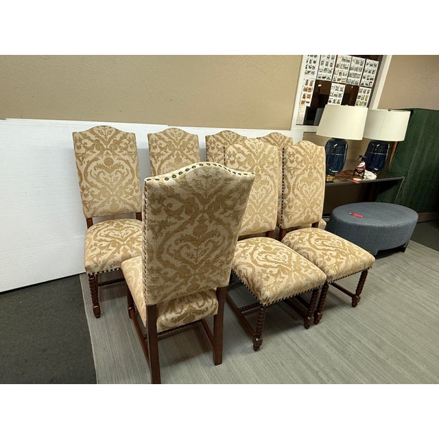 2000 - 2009 French Louis XIII Style High Back Damask Dining Chairs, Set of Seven For Sale - Image 5 of 12