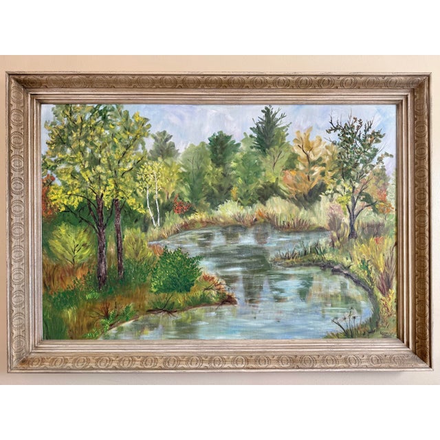 Wood Large 1970s Folk Art Landscape Oil Painting, Framed For Sale - Image 7 of 7