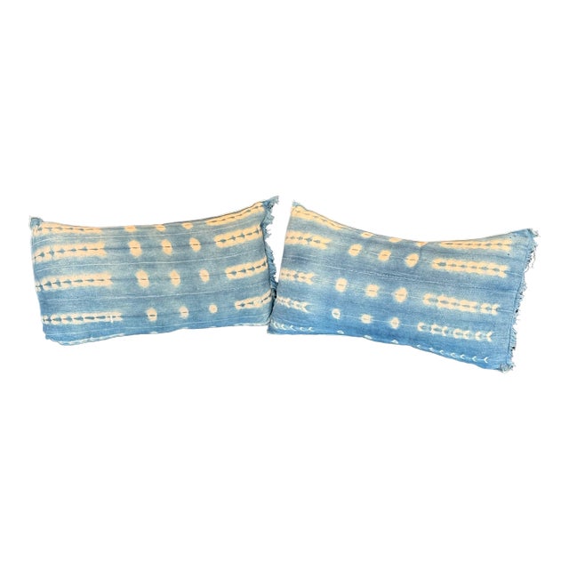 Custom Design Vintage Indigo Lumbar Pillows, Pair For Sale