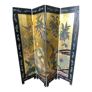 Vintage Asian Gold Four Panel Screen Room Divider Coromandel W Garden & Birds For Sale