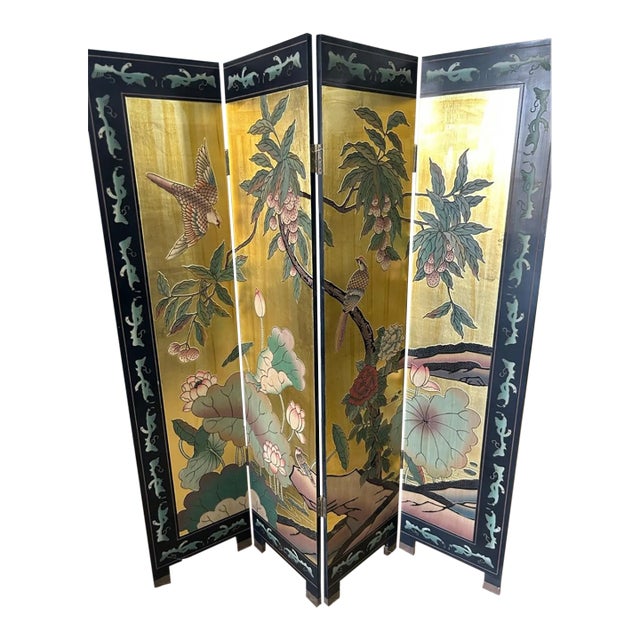Vintage Asian Gold Four Panel Screen Room Divider Coromandel W Garden & Birds For Sale