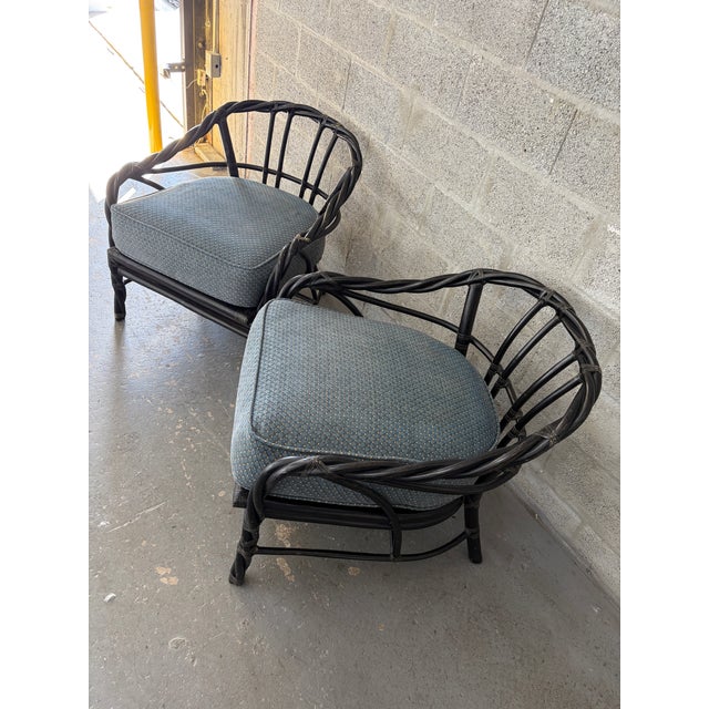 Boho Chic A Pair of Coastal Stylle Rattan Lounge Chairs by McGuire. Circa 1980s. For Sale - Image 3 of 18