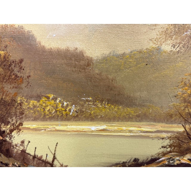 Textile Alpine Mountain Lake Landscape Original Oil Painting, Vintage For Sale - Image 7 of 12