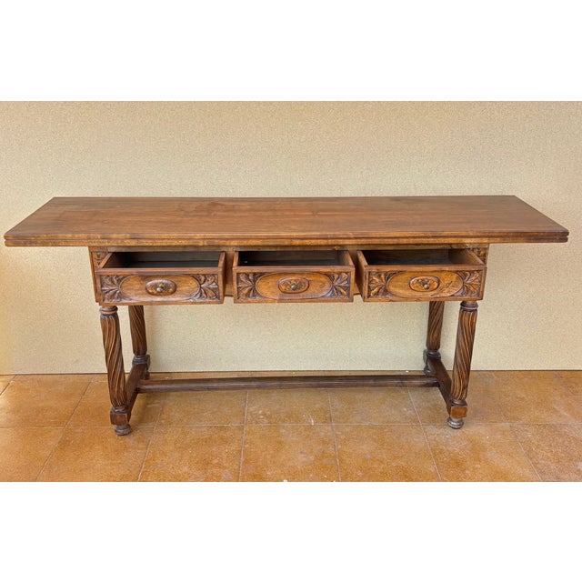Spanish Walnut Drop-Leaf Table with Three Drawers, 1930s For Sale - Image 9 of 15
