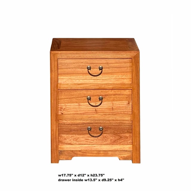 This is a handmade Chinese oriental end table nightstand with 3 drawers. The surface is finished with a light brown stain...